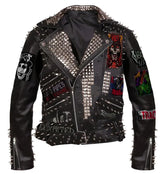 Spiked Leather Jacket Custom Made with Iconic Band Patches And Pin Button Badges